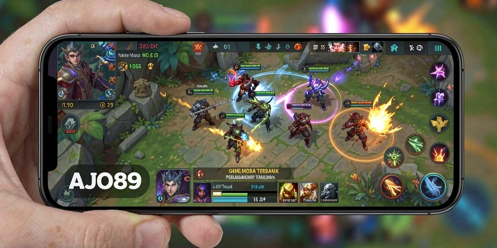 Screenshot AJO89 menampilkan aksi pertarungan MOBA yang seru.