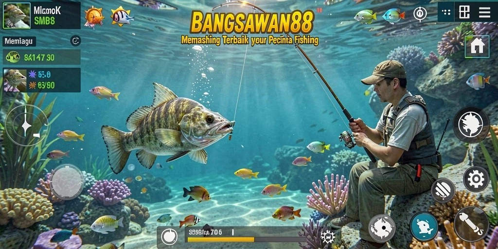 Screenshot gameplay BANGSAWAN88 menunjukkan suasana memancing yang seru.