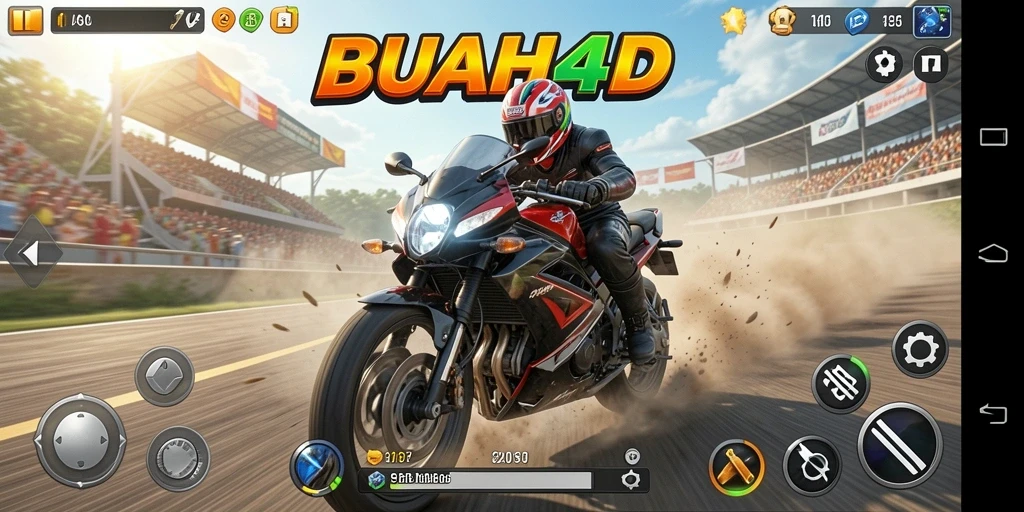 Screenshot gameplay BUAH4D menampilkan balapan motor yang seru dan mendebarkan.