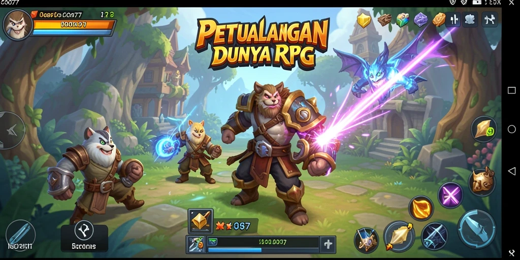 Screenshot gameplay COO77 menunjukkan pertempuran epik di dunia RPG.