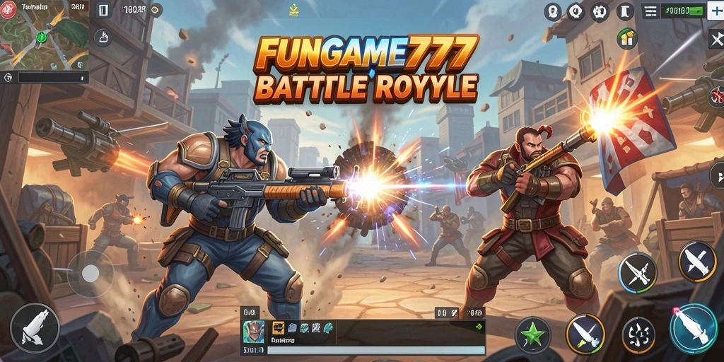 Screenshot dari gameplay intens FUNGAME777 dalam mode Battle Royale.