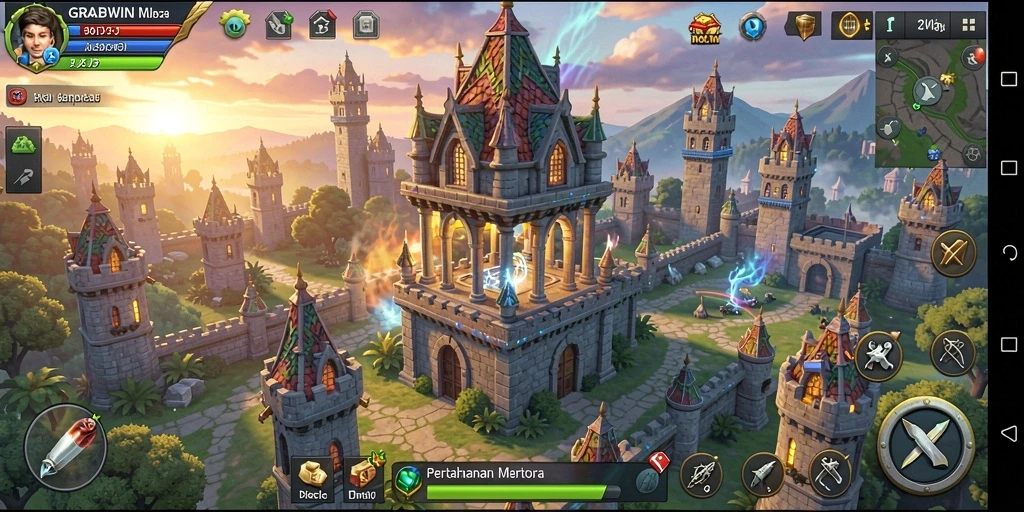 Screenshot gameplay GRABWIN menampilkan strategi Tower Defense yang seru.