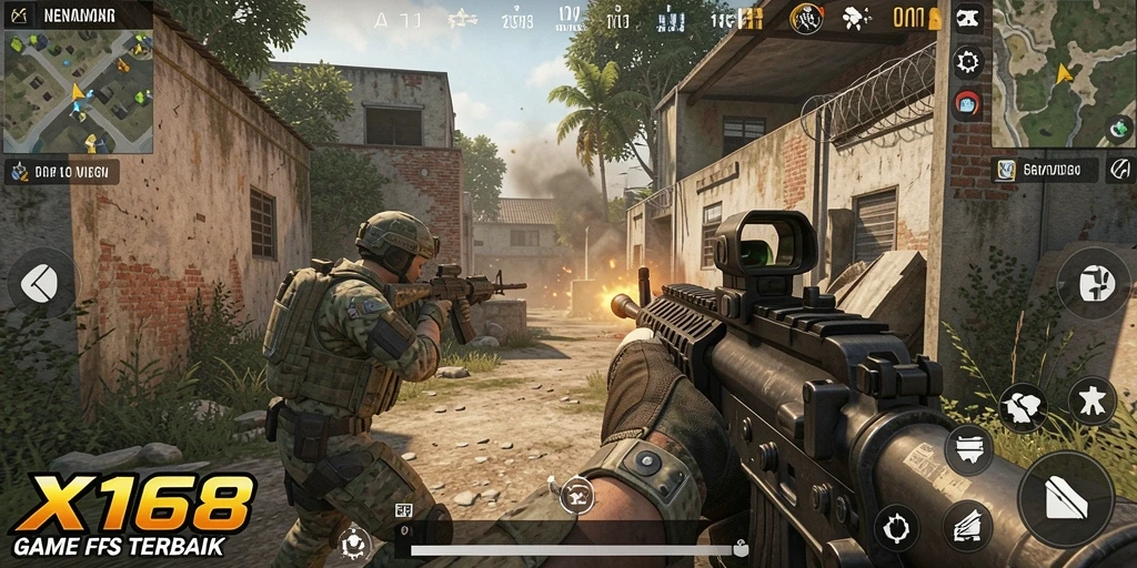 Gameplay X168 yang penuh aksi dan menegangkan dalam mode FPS.